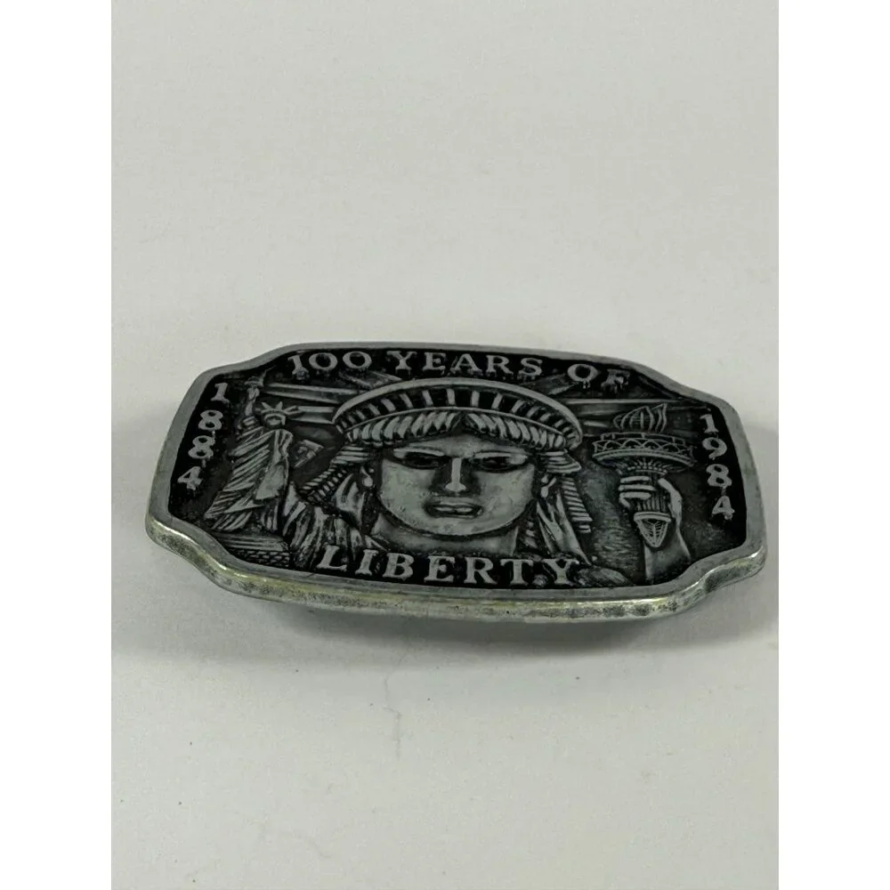 Vintage Liberty 1884-1984 Lady Liberty NYC Design Silver Tone Metal Belt Buckel